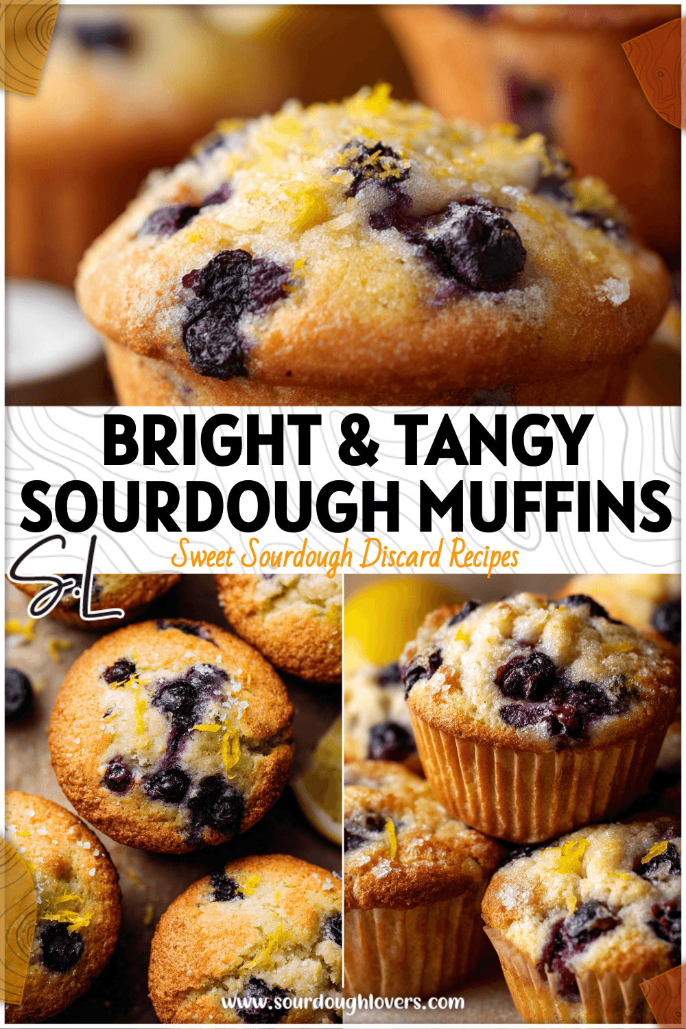 Freshly baked Lemon Blueberry Sourdough Muffins with golden tops and bits of blueberry and lemon zest.